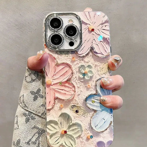 Luxury Flowers Glitter Laser Phone Case For iPhone 16 Pro Max 15 14 Plus 13 12 11 Diamond Soft Shockproof Lens protection Cover